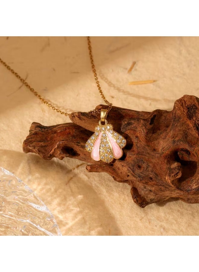 Pink Enamel Seashell Necklace – Gold Tone – Sparkling Zircon Shell Pendant – Hypoallergenic Stainless Steel - Image 3